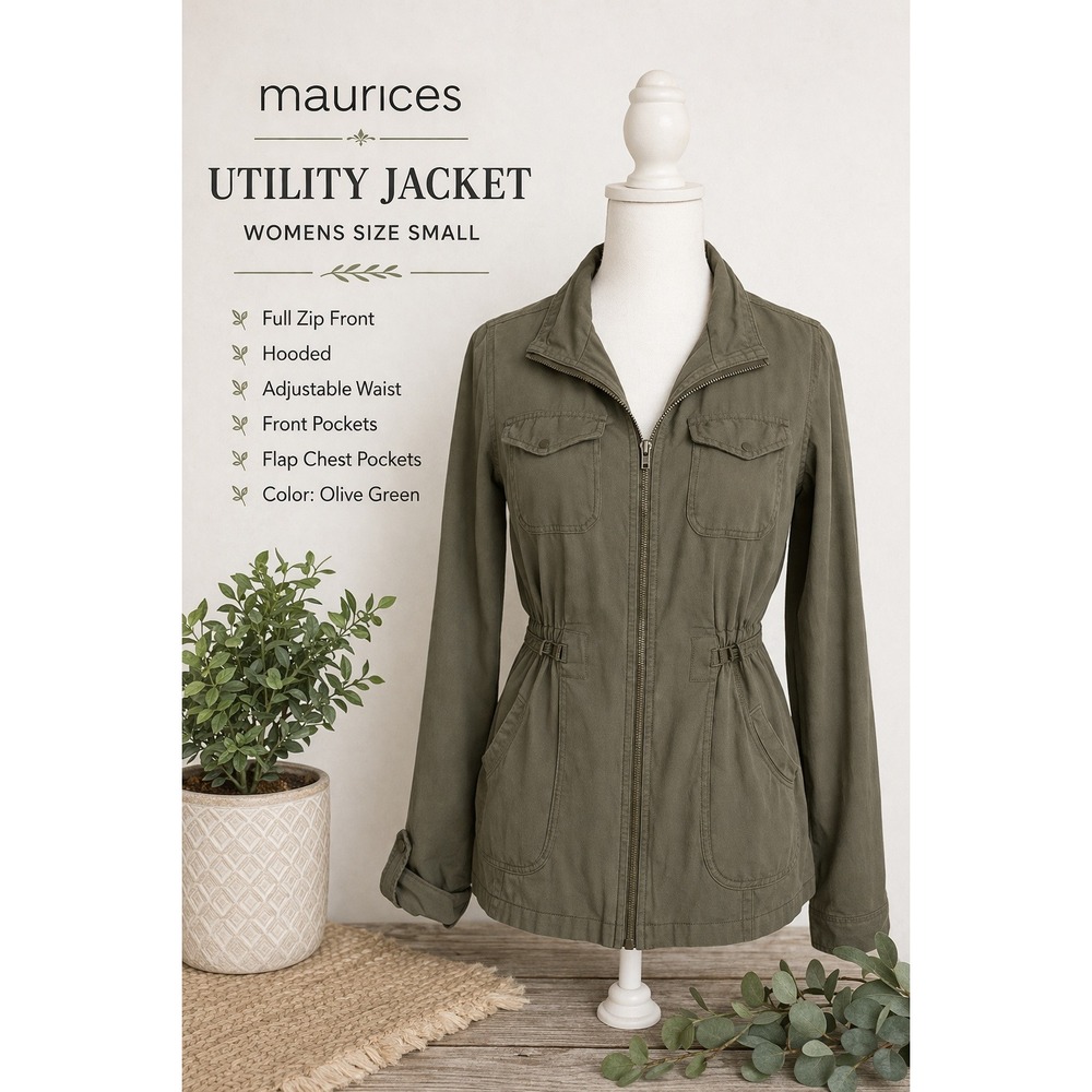 Maurices Womens‎ Olive Green Utility Jacket Hooded Full Zip Adjustable Waist S